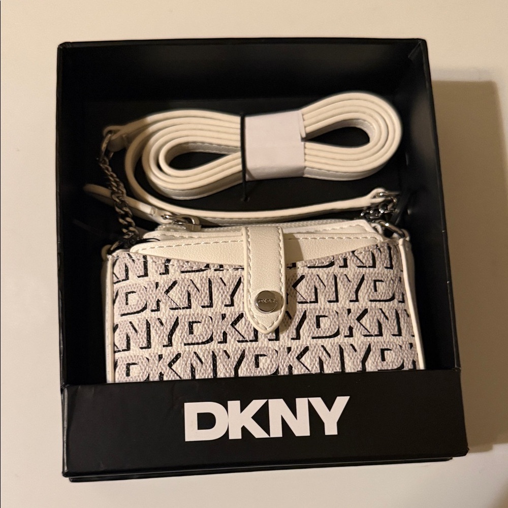 DKNY Monogram Crossbody Wallet in White, Black, and Gray
